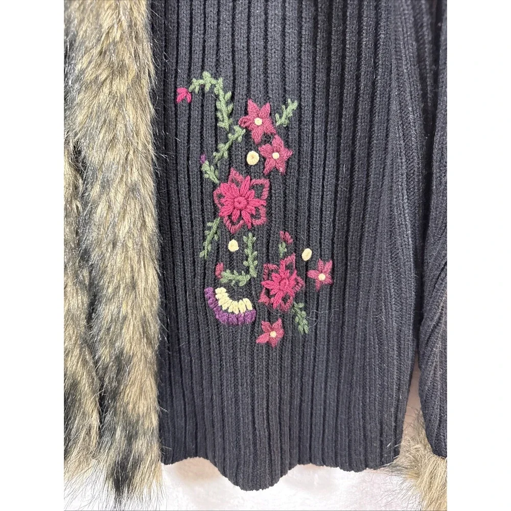 Preston & York Womens Black Sweater Cardigan Faux Fur Collar L embroidered